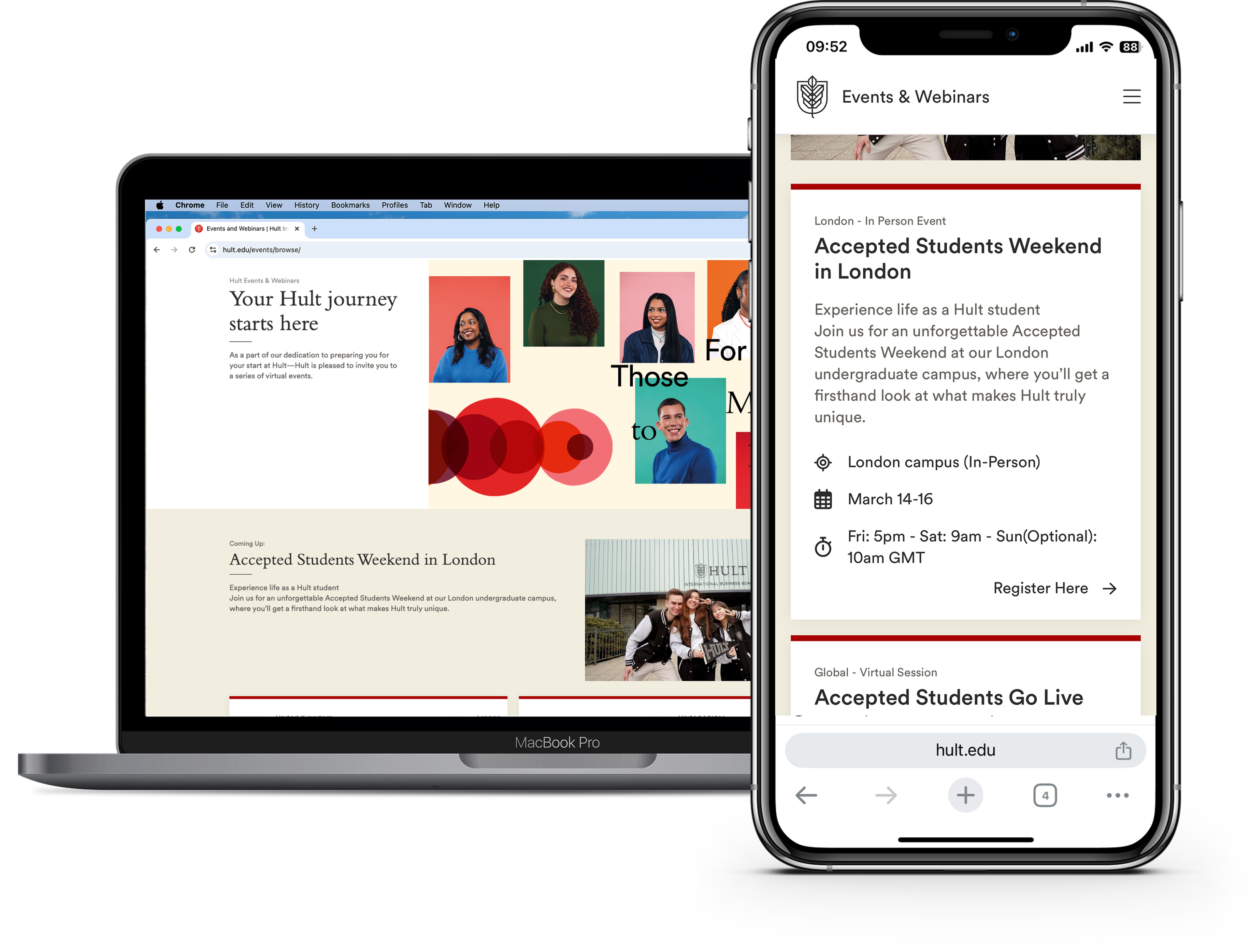 Laptop and smartphone displaying event information for Hult University students.