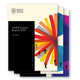 The covers of three paper careers reports are stacked on top of one another, adorned with colourful shapes and the text Global Careers Report 2023.