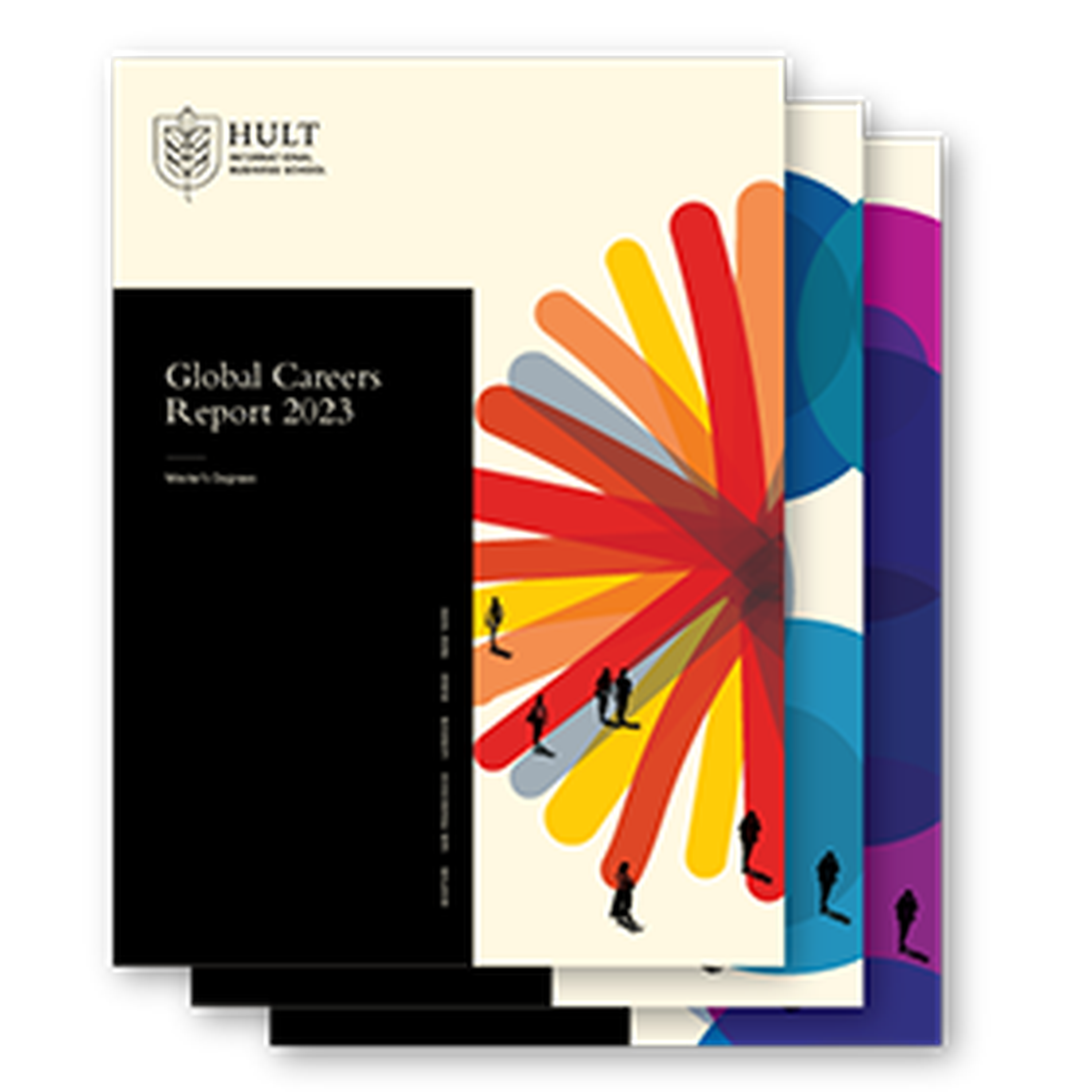 The covers of three paper careers reports are stacked on top of one another, adorned with colourful shapes and the text Global Careers Report 2023.