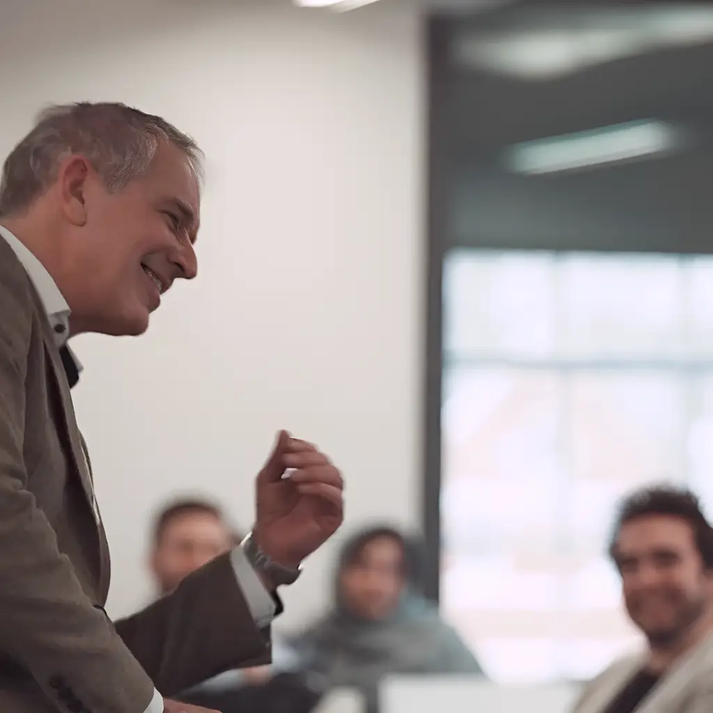 A man in a suit is speaking and smiling to an attentive group in a bright room.