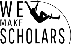 Logo with text "We Make Scholars" featuring a silhouette of a person hanging from a line above the letters.