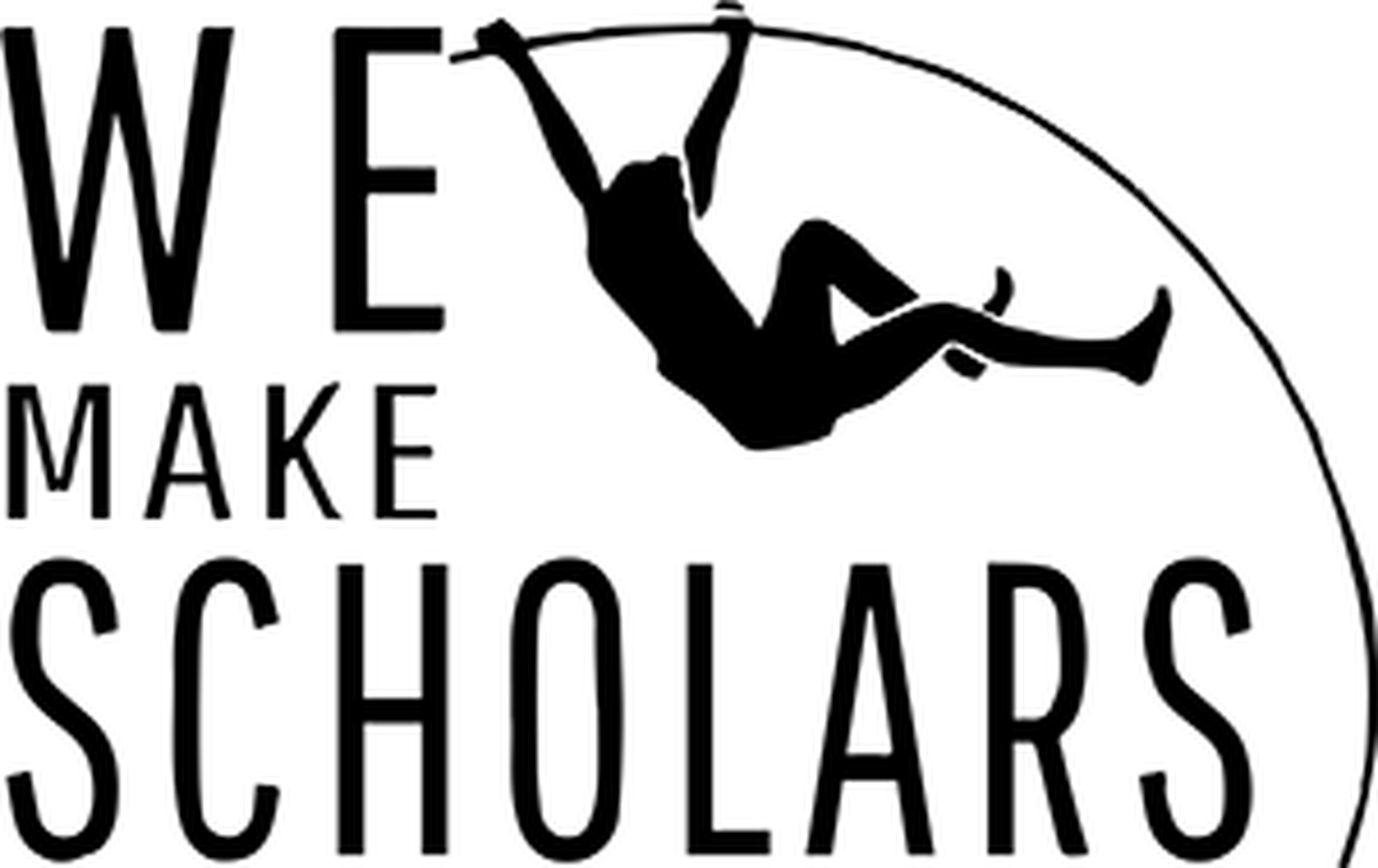 Logo with text "We Make Scholars" featuring a silhouette of a person hanging from a line above the letters.