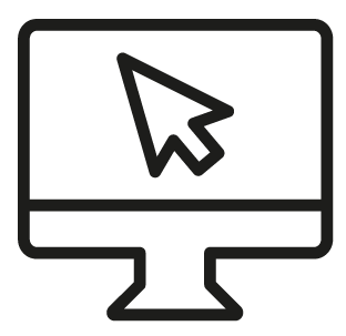 Computer monitor icon with a large arrow cursor on the screen, symbolizing digital interface or navigation.