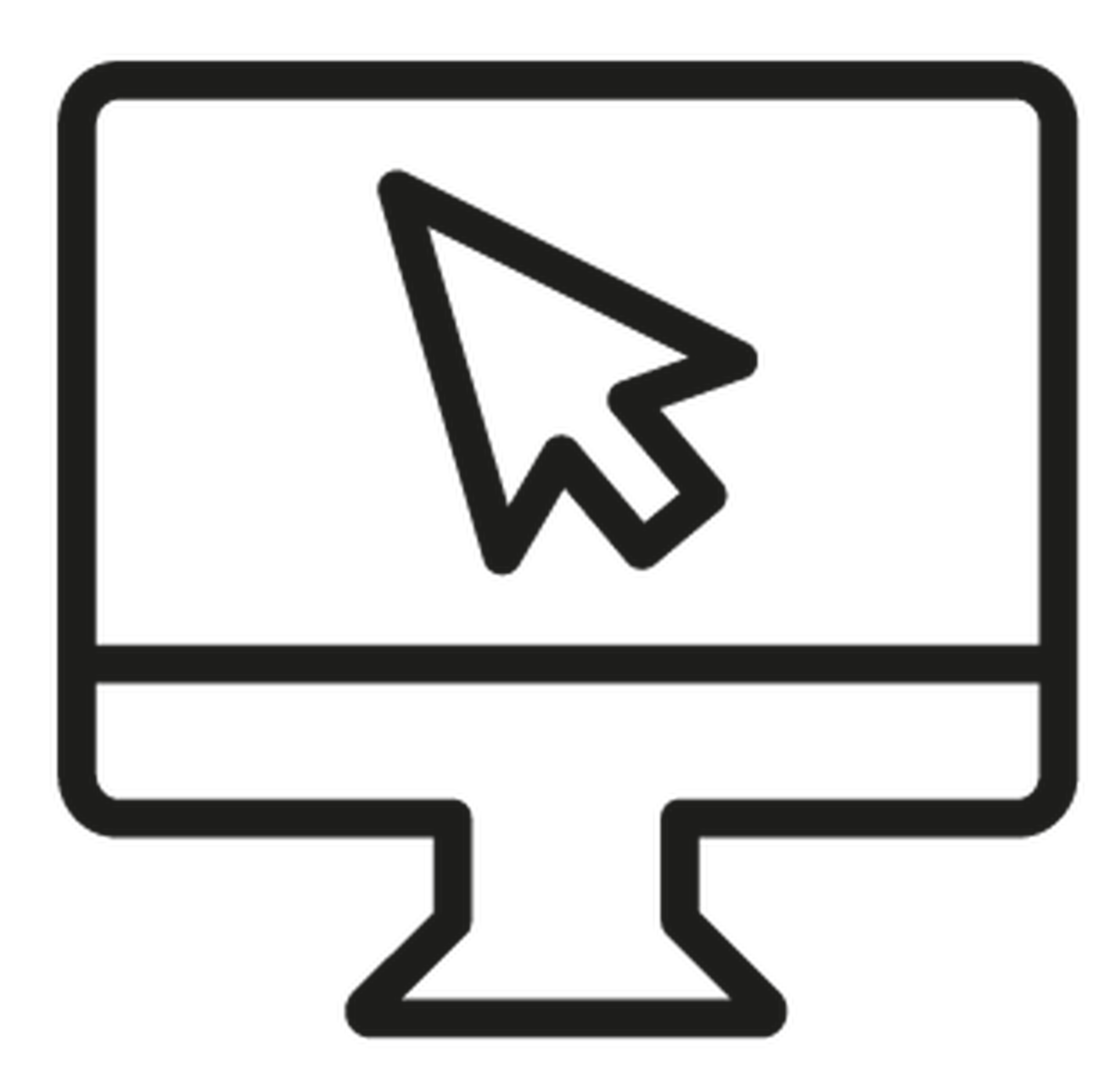 Computer monitor icon with a large arrow cursor on the screen, symbolizing digital interface or navigation.
