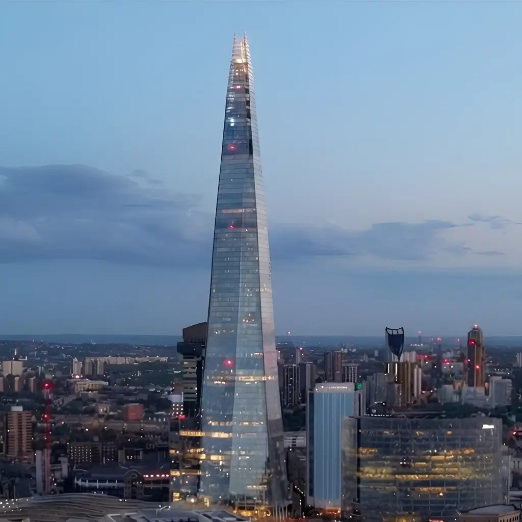 The Shard skyscraper illuminated at dusk against the London skyline.