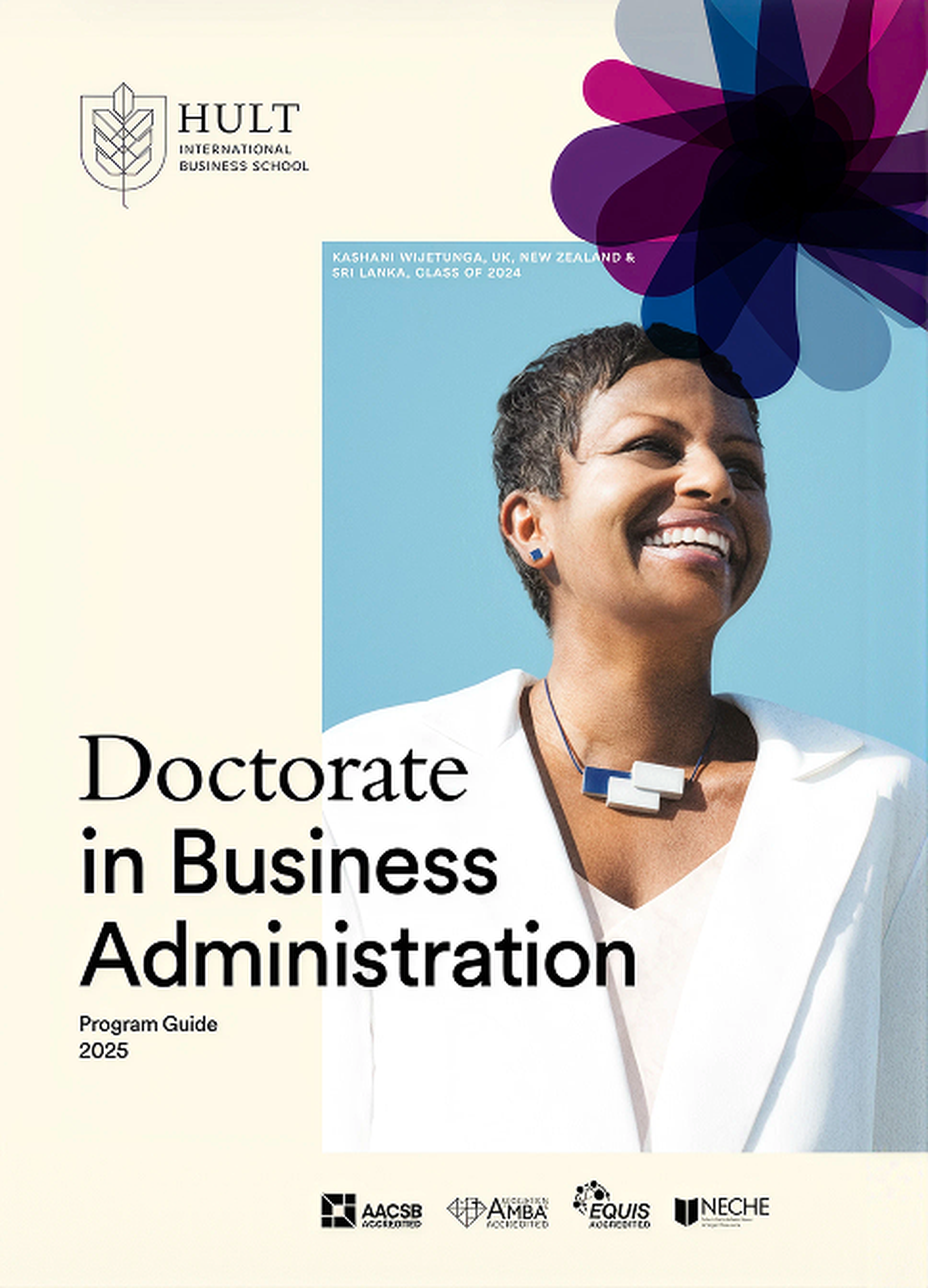 Smiling person in a white suit with "Doctorate in Business Administration" text and school logo.