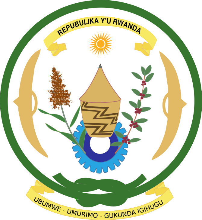 Emblem of Rwanda featuring a basket, tools, sun, arrows, and botanical elements, with national motto banners.