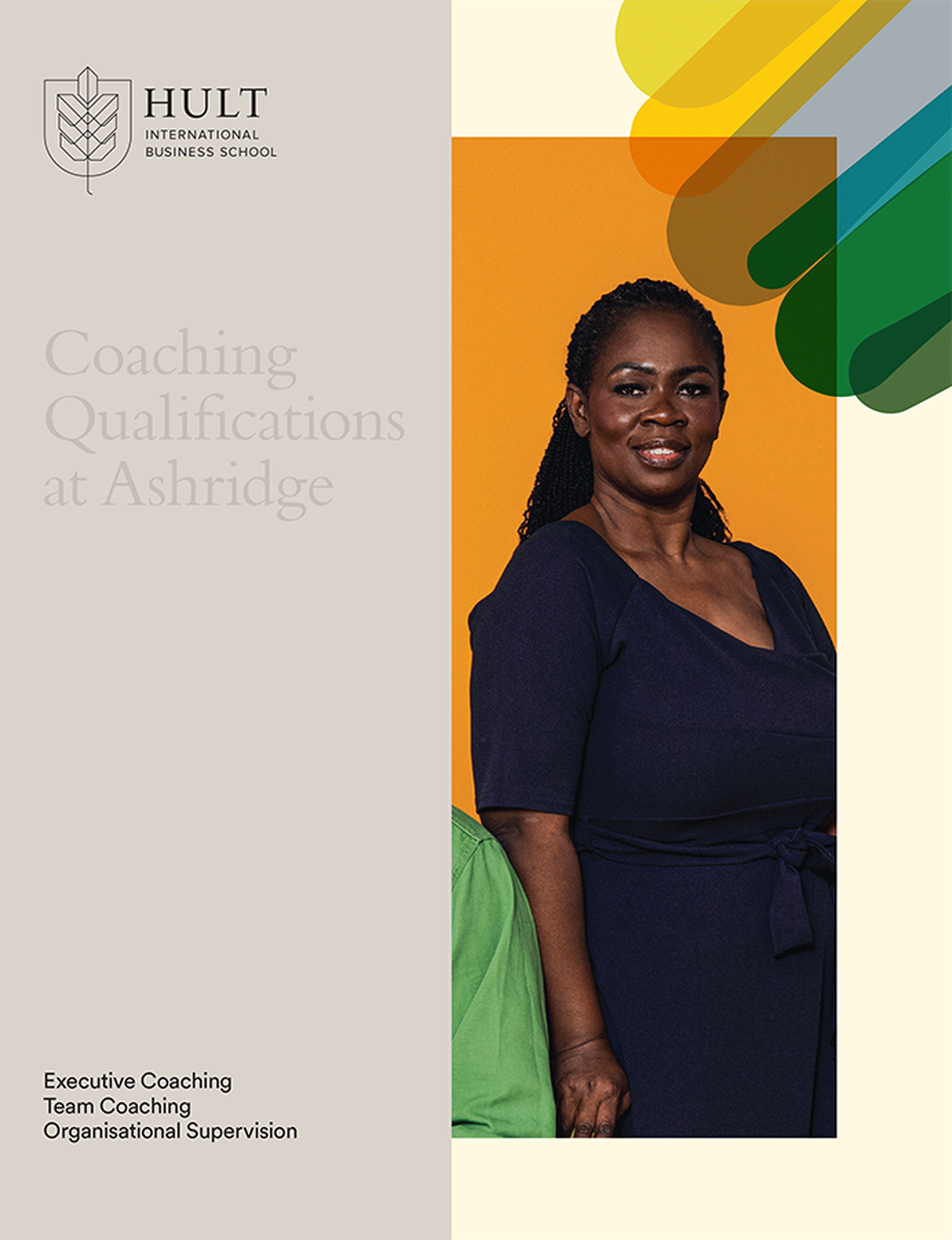 Portrait of a smiling person in a blue dress on a colorful background, promoting Hult International Business School’s coaching programs.