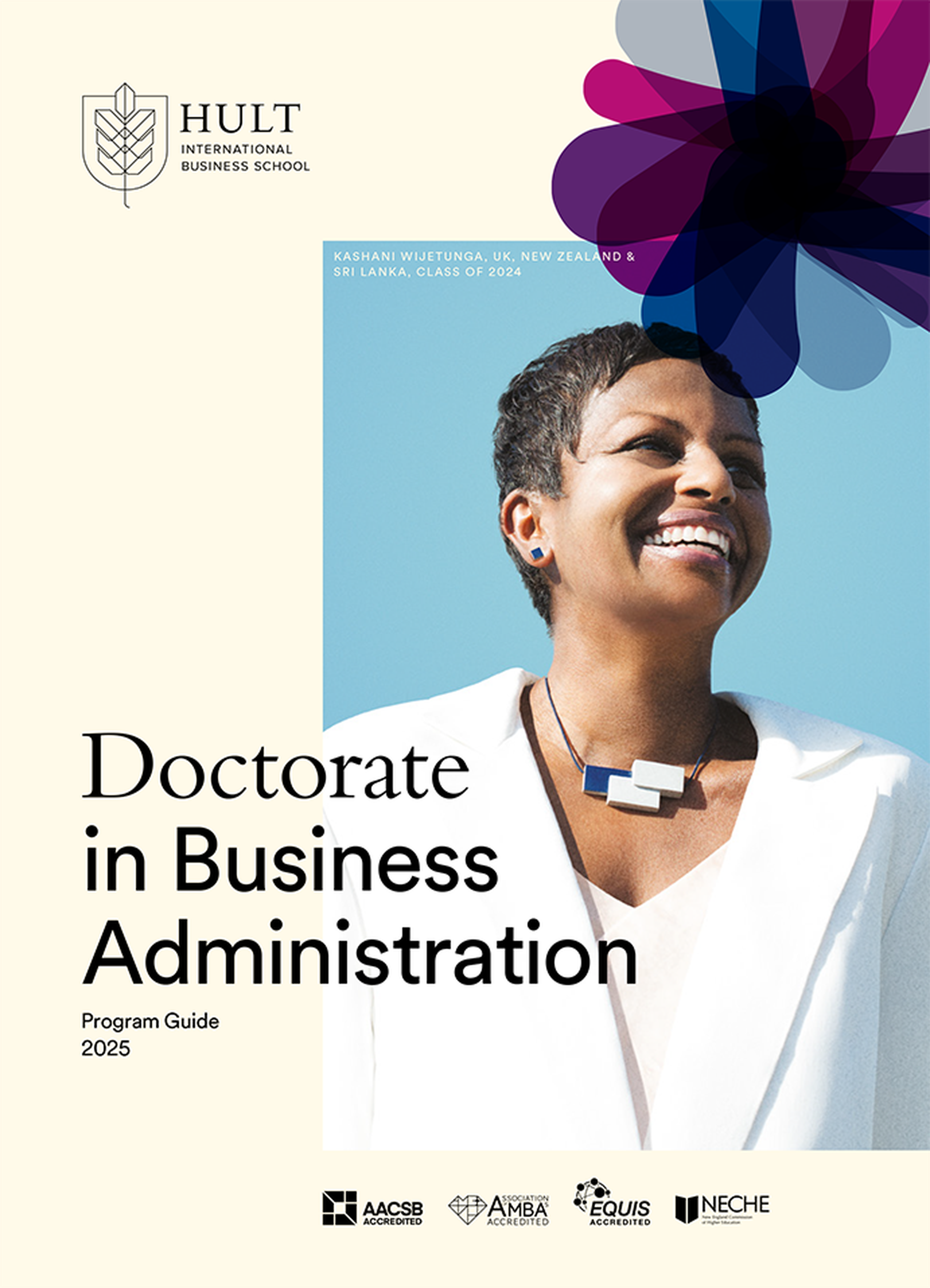 Cover of Hult International Business School's Doctorate in Business Administration Program Guide 2025, featuring a smiling person.