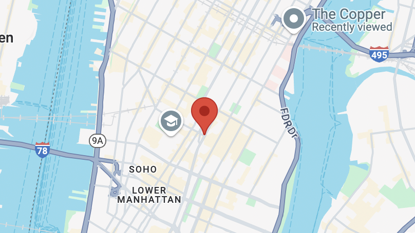 Map displaying part of Manhattan, New York, with a red location pin in Lower Manhattan, near areas like SoHo and Greenwich Village.