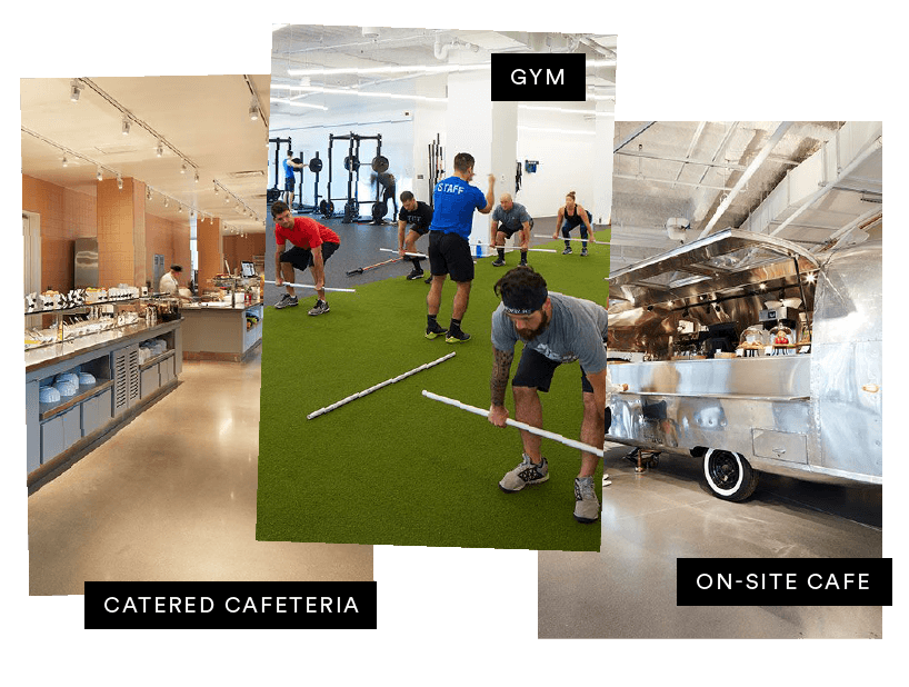 Collage of a catered cafeteria, gym with people exercising, and an on-site cafe in a shiny trailer.
