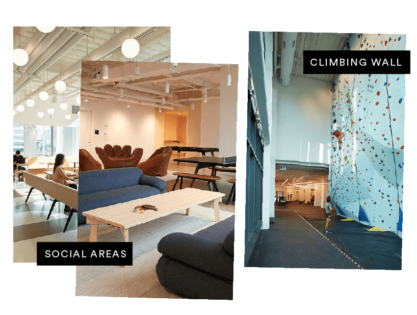 Modern building with cozy social areas featuring couches and tables, alongside an indoor climbing wall with colorful handholds.