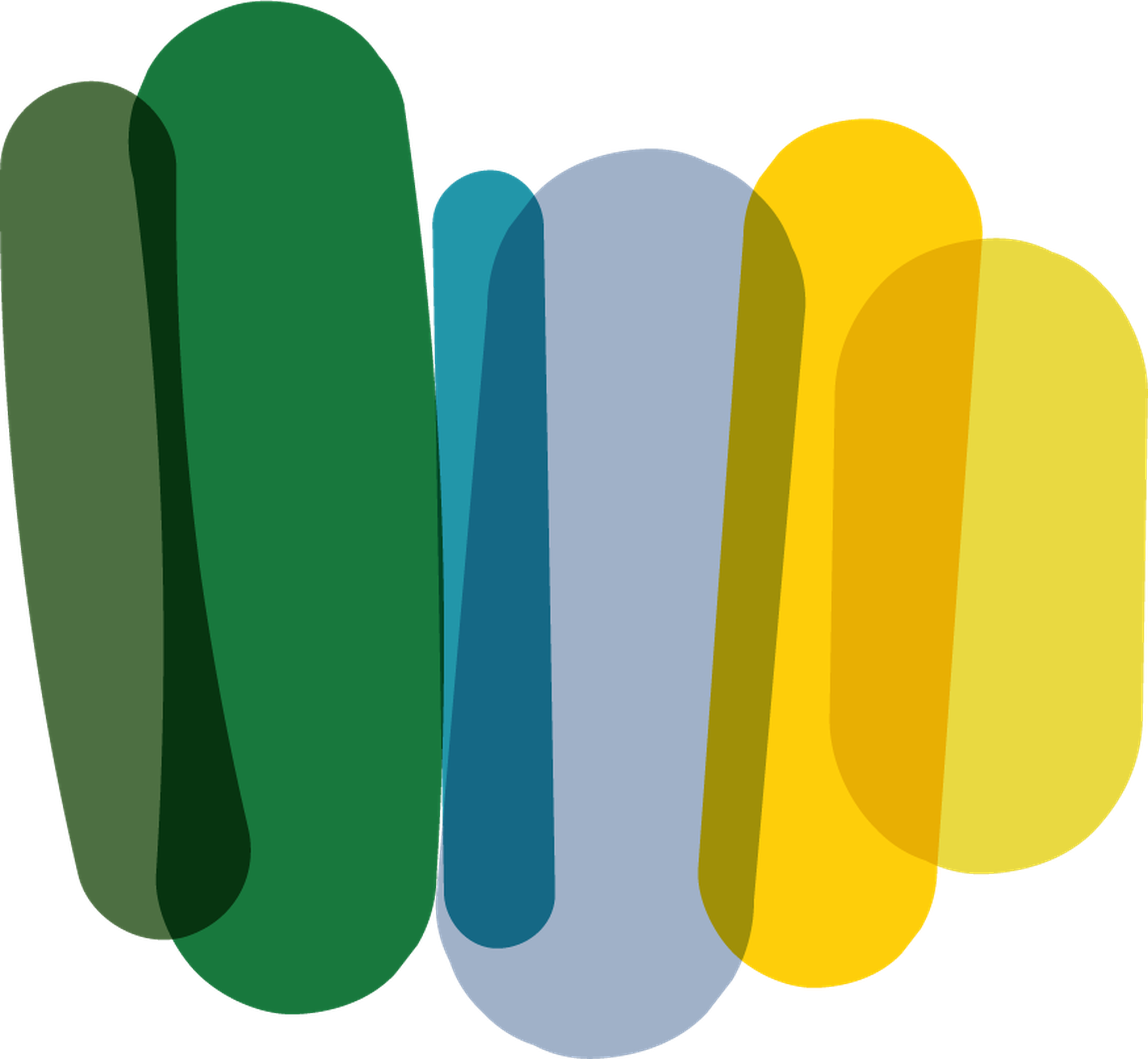 Abstract design with overlapping rounded rectangles in green, blue, gray, and yellow hues, creating a layered, colorful pattern.