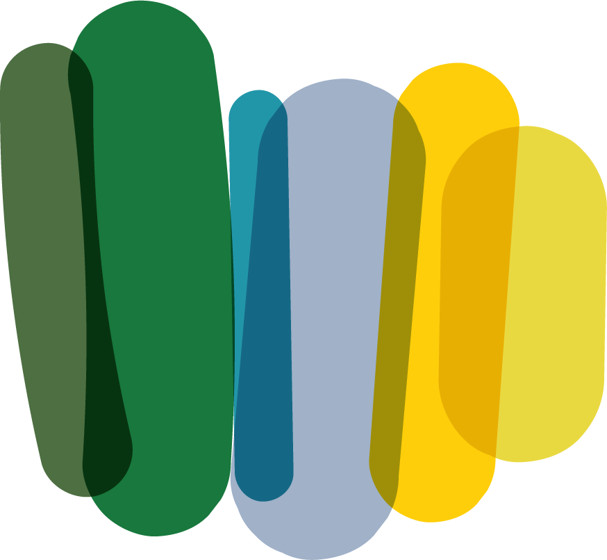 Abstract design with overlapping rounded rectangles in green, blue, gray, and yellow hues, creating a layered, colorful pattern.