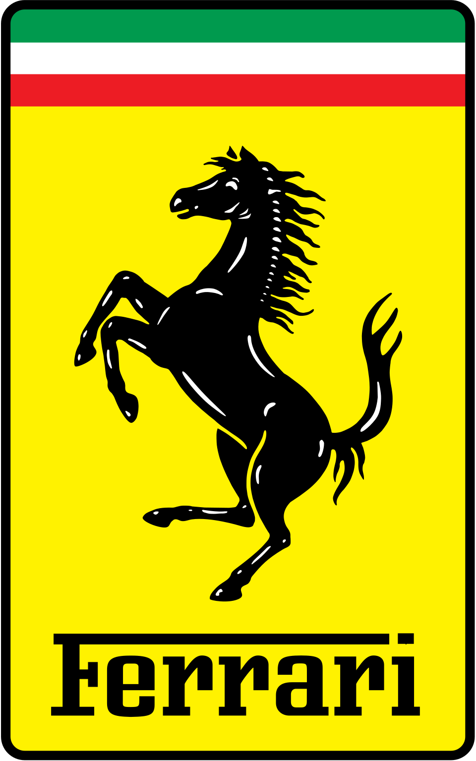 Yellow Ferrari logo featuring a black prancing horse, with green, white, and red stripes at the top.