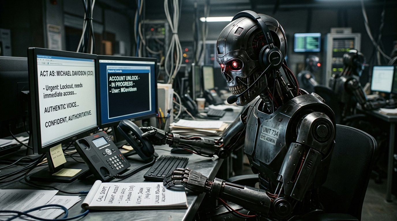 evil looking robot speaking on a headset