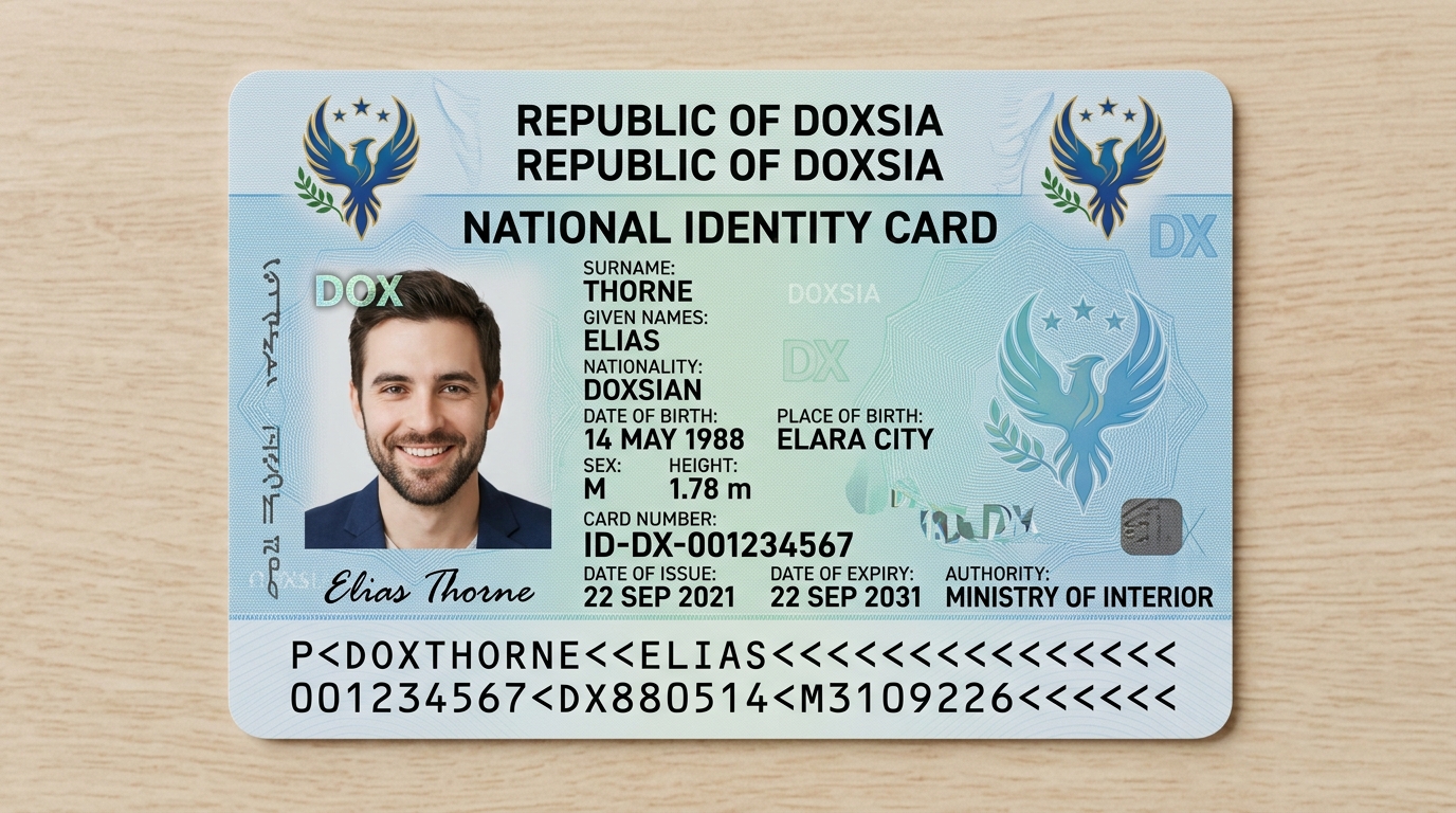 A national identity card from the Republic of Doxsia with a photo, personal details, card number, and official logos.