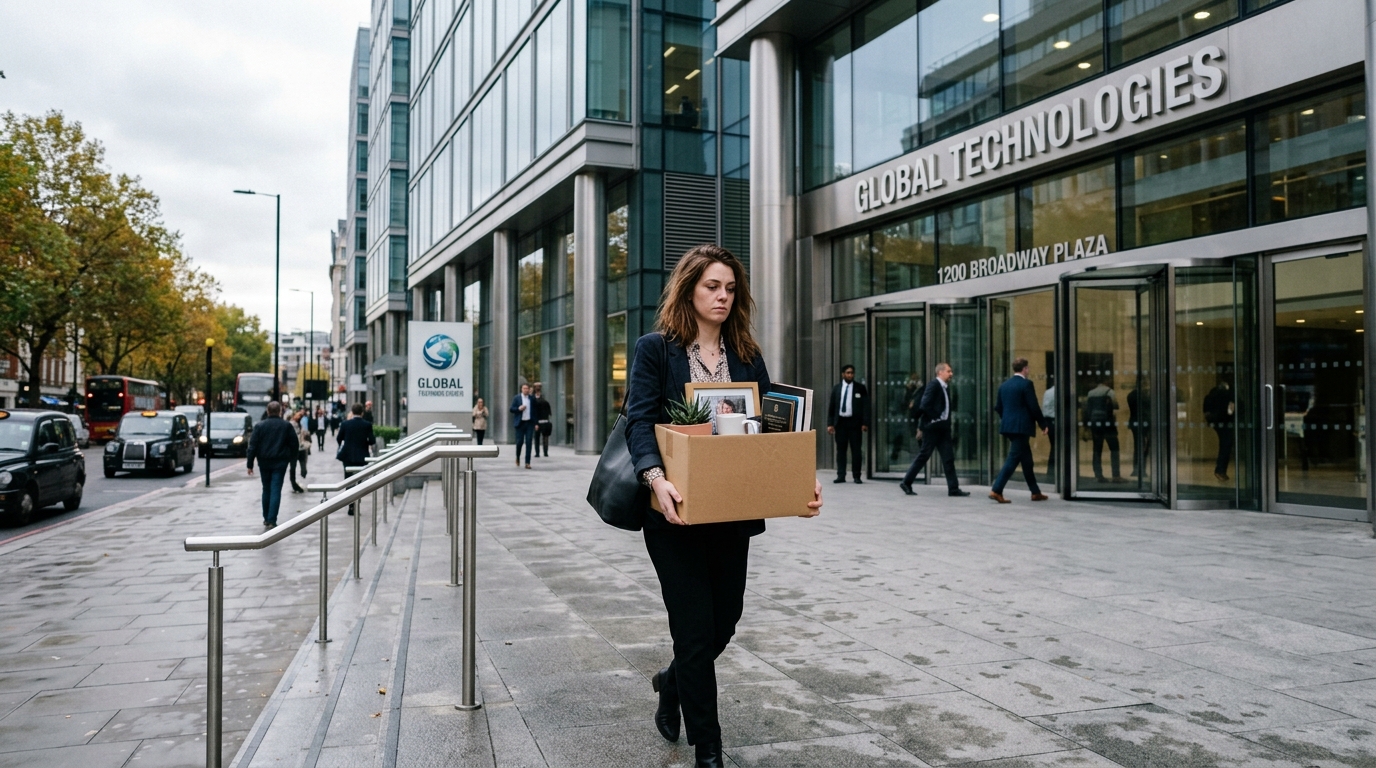 Woman carrying a box of personal items outside "Global Technologies" office building, with people and cars in the background.