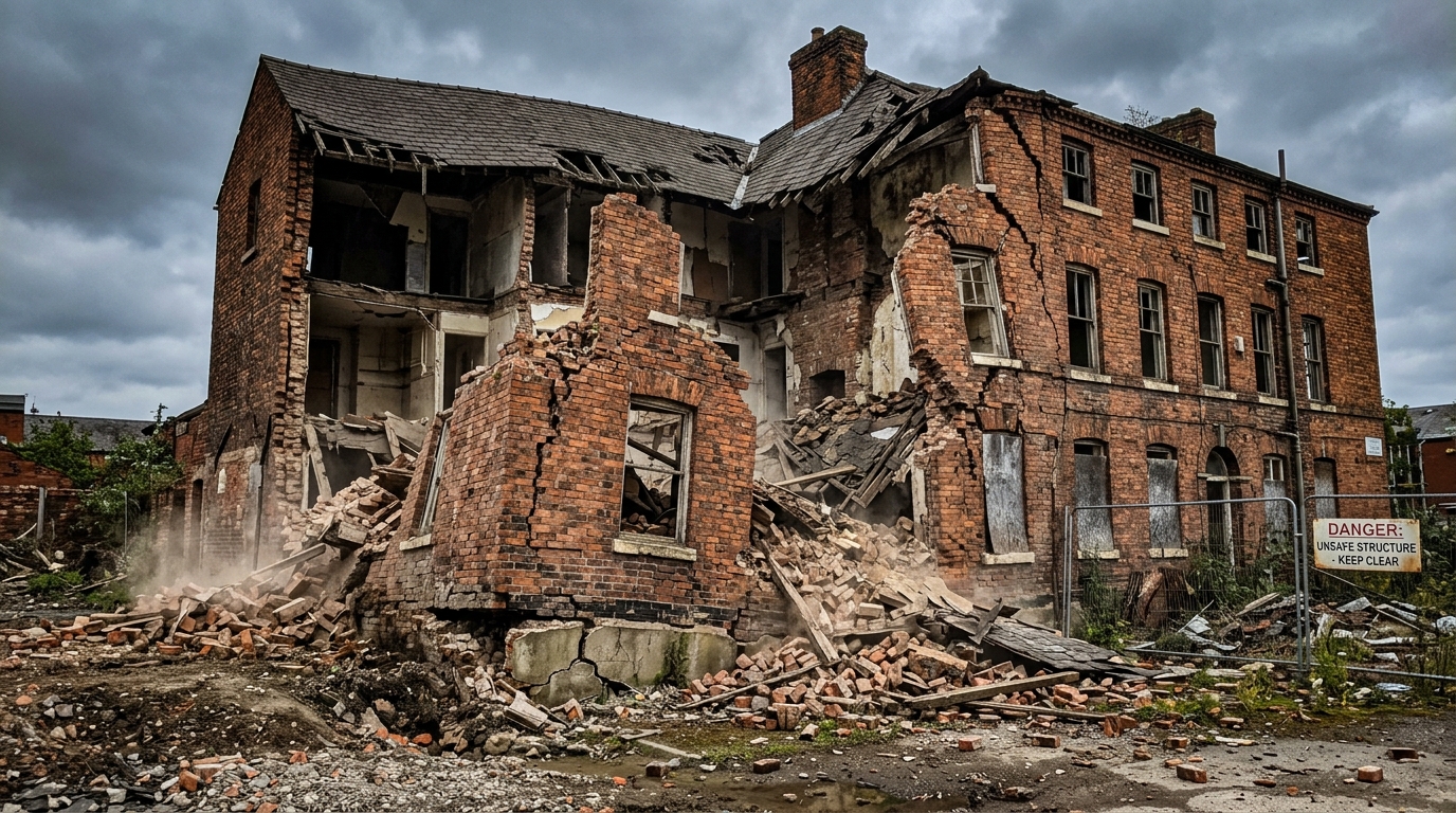 A partially collapsed, abandoned brick building with debris scattered around. Overcast sky and a warning sign nearby.