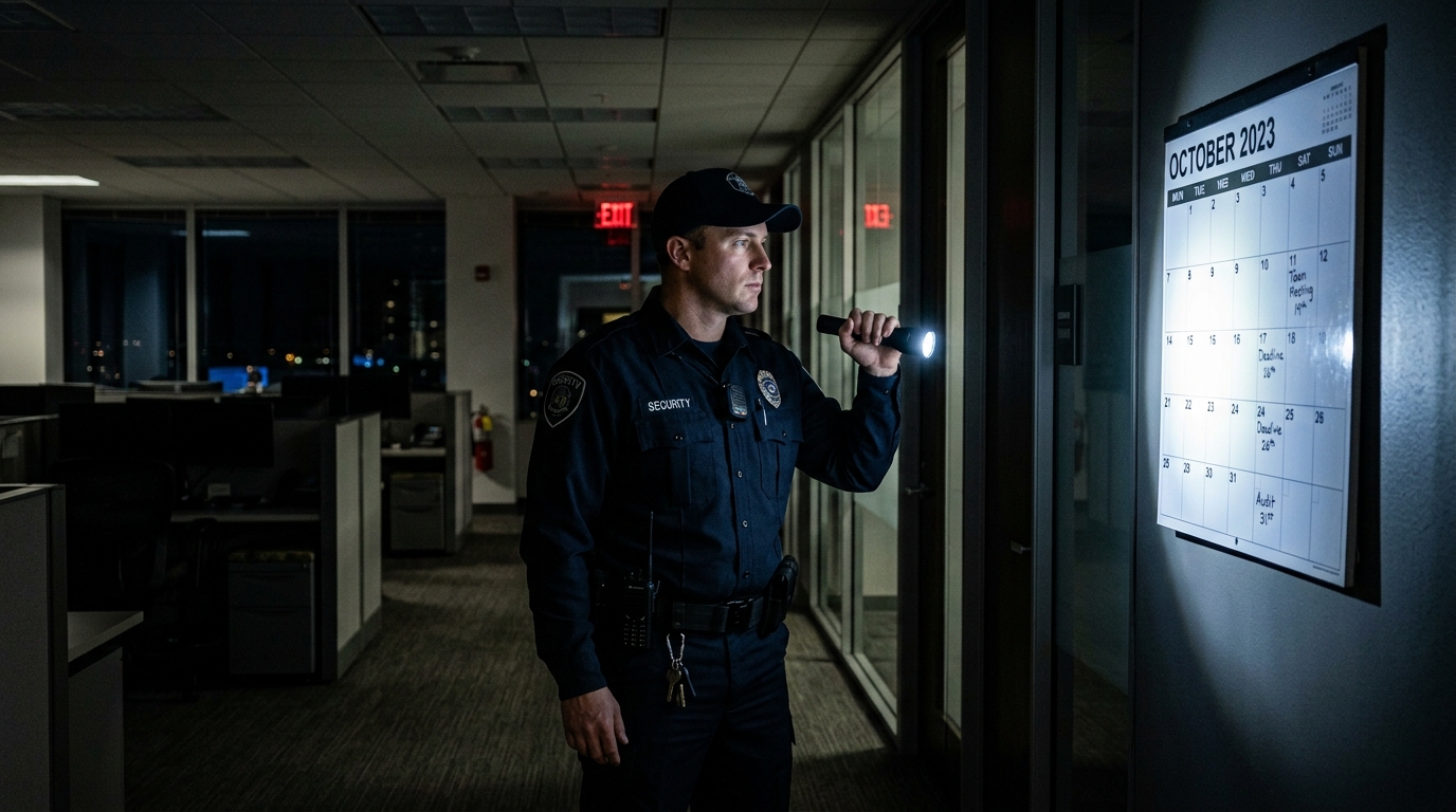 A security guard in uniform uses a flashlight to illuminate an October 2023 calendar in a dark office at night.