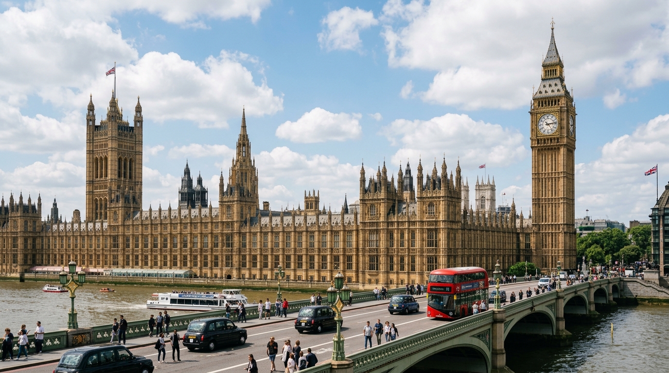 Westminster Palace and Big Ben by the River Thames, London. Red double-decker bus on Westminster Bridge under a partly cloudy sky.