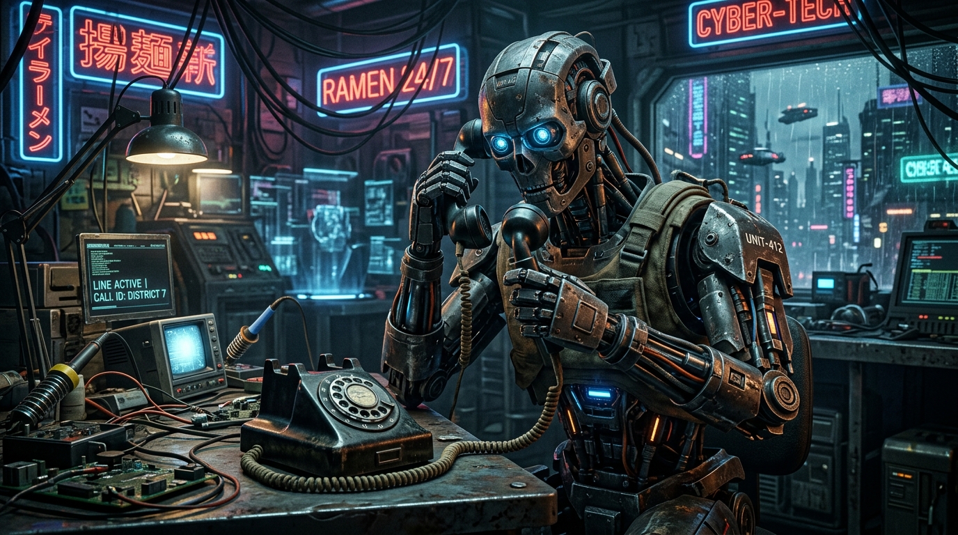 A robot with glowing blue eyes uses a rotary phone in a neon-lit cyberpunk setting, surrounded by digital screens and signs in a futuristic city.