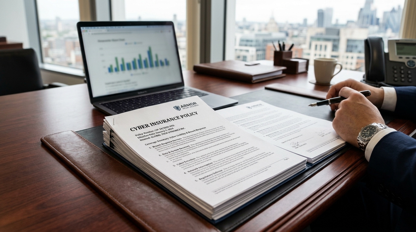 A person reviewing a cyber insurance policy at a desk with a laptop displaying a bar chart, in an office overlooking a cityscape.
