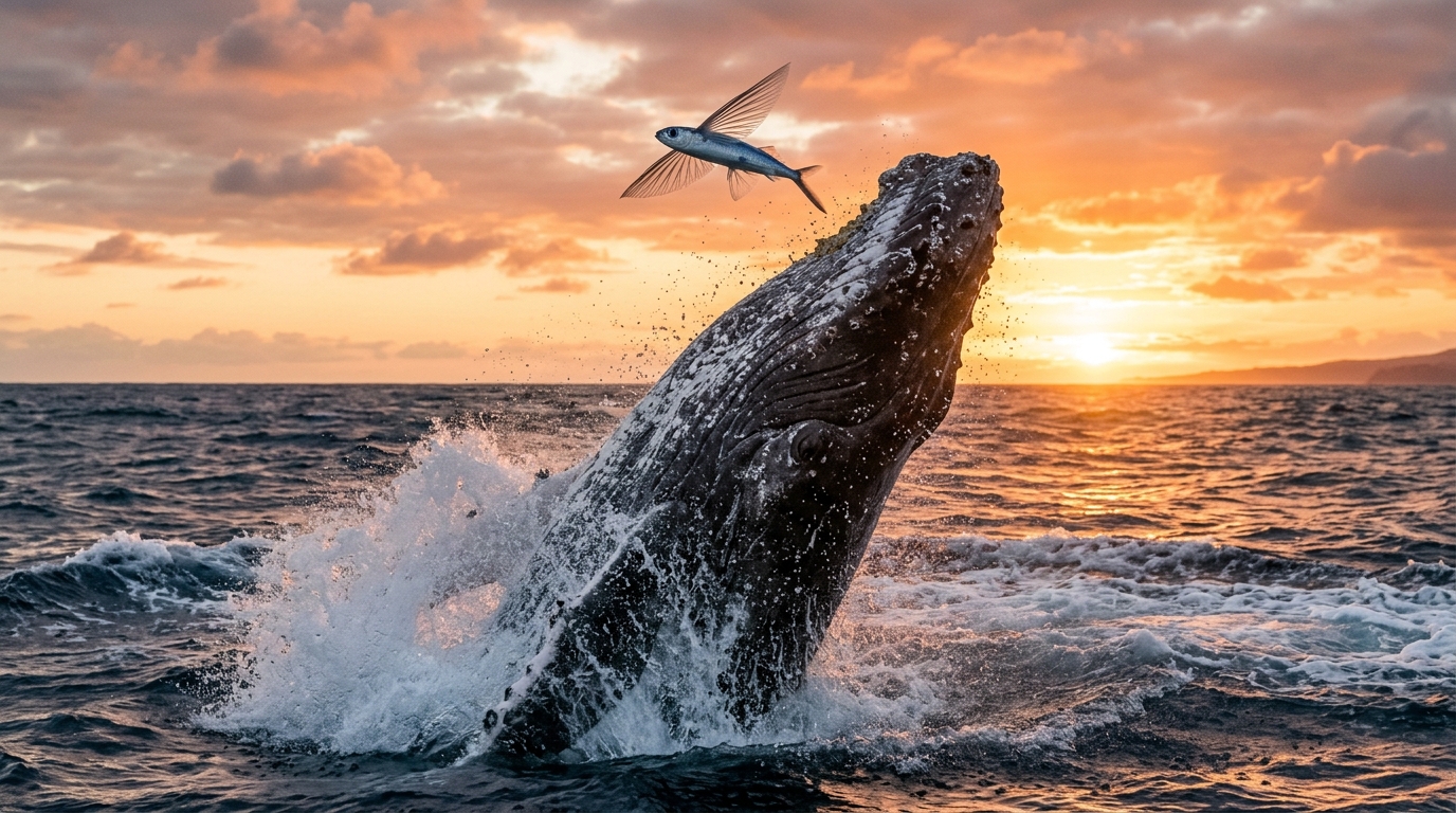 A breaching whale and a flying fish against a vibrant sunset sky, splashing water in the ocean.