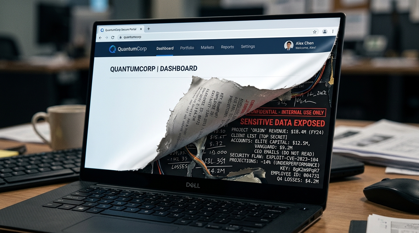 Laptop screen showing a torn QuantumCorp dashboard, revealing underlying exposed sensitive data. Papers and a coffee cup are on the desk.