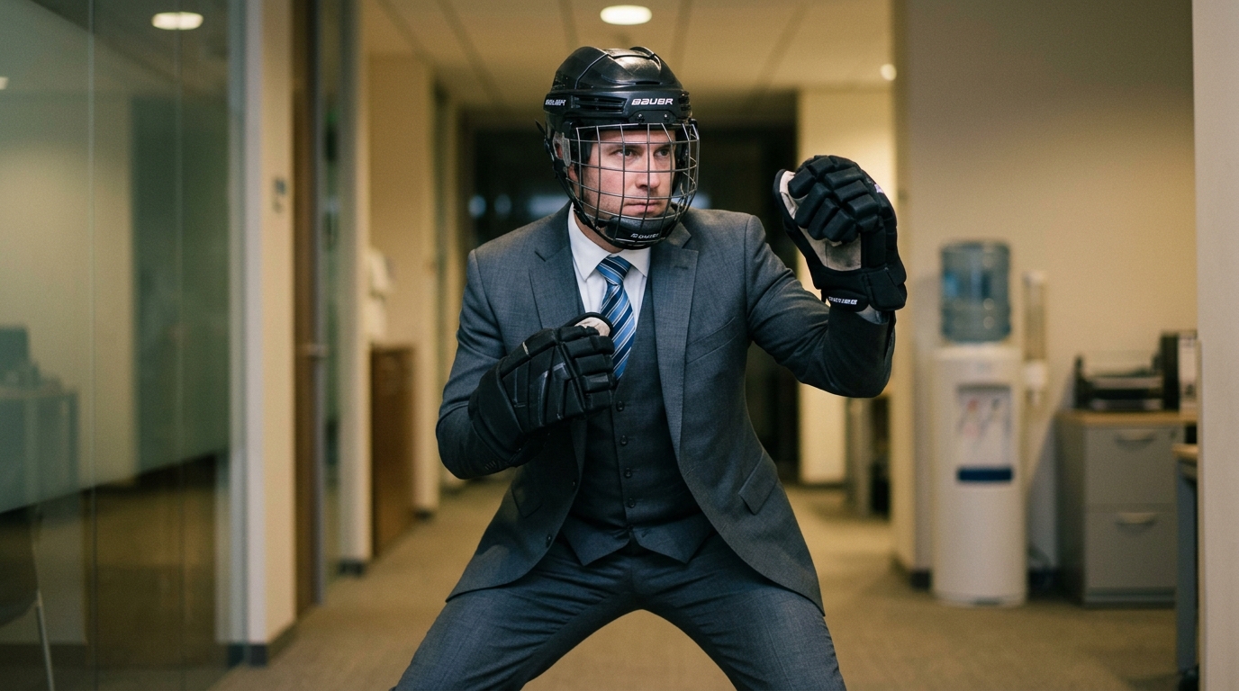 Man in a suit and tie, wearing a hockey helmet and gloves, strikes a fighting pose in an office hallway.