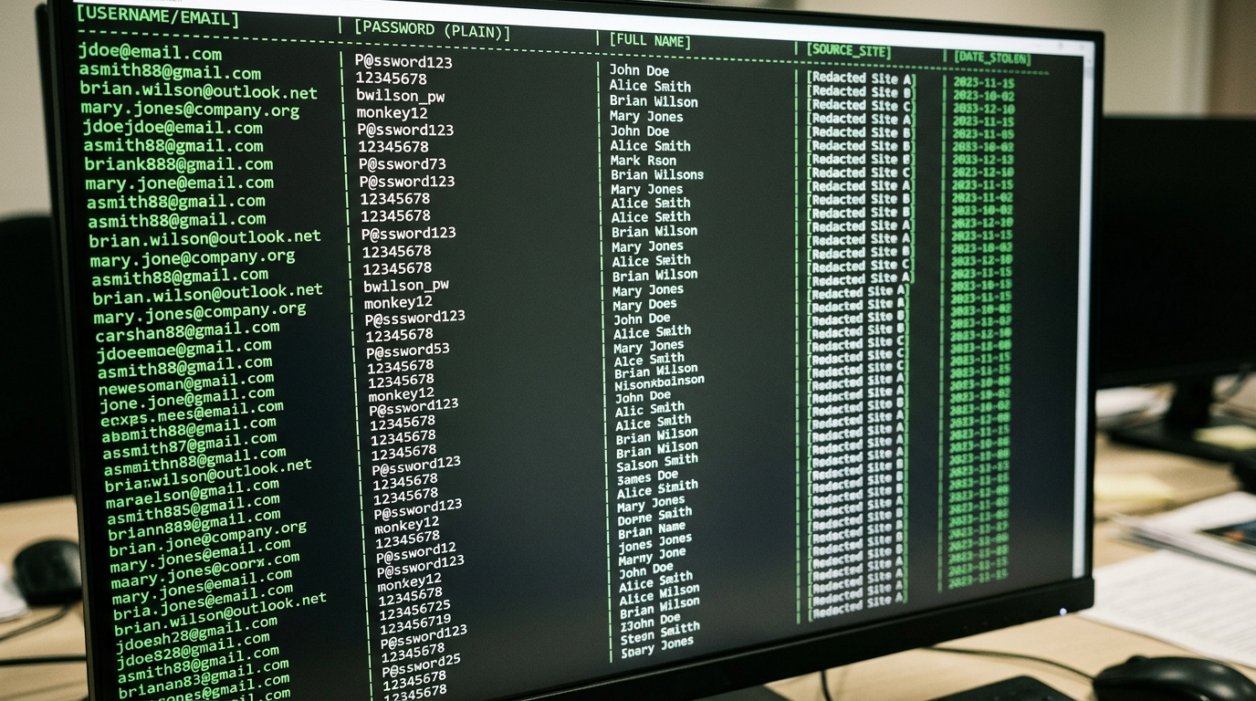 screen full of rows of data of exposed user credentials with passwords leaked