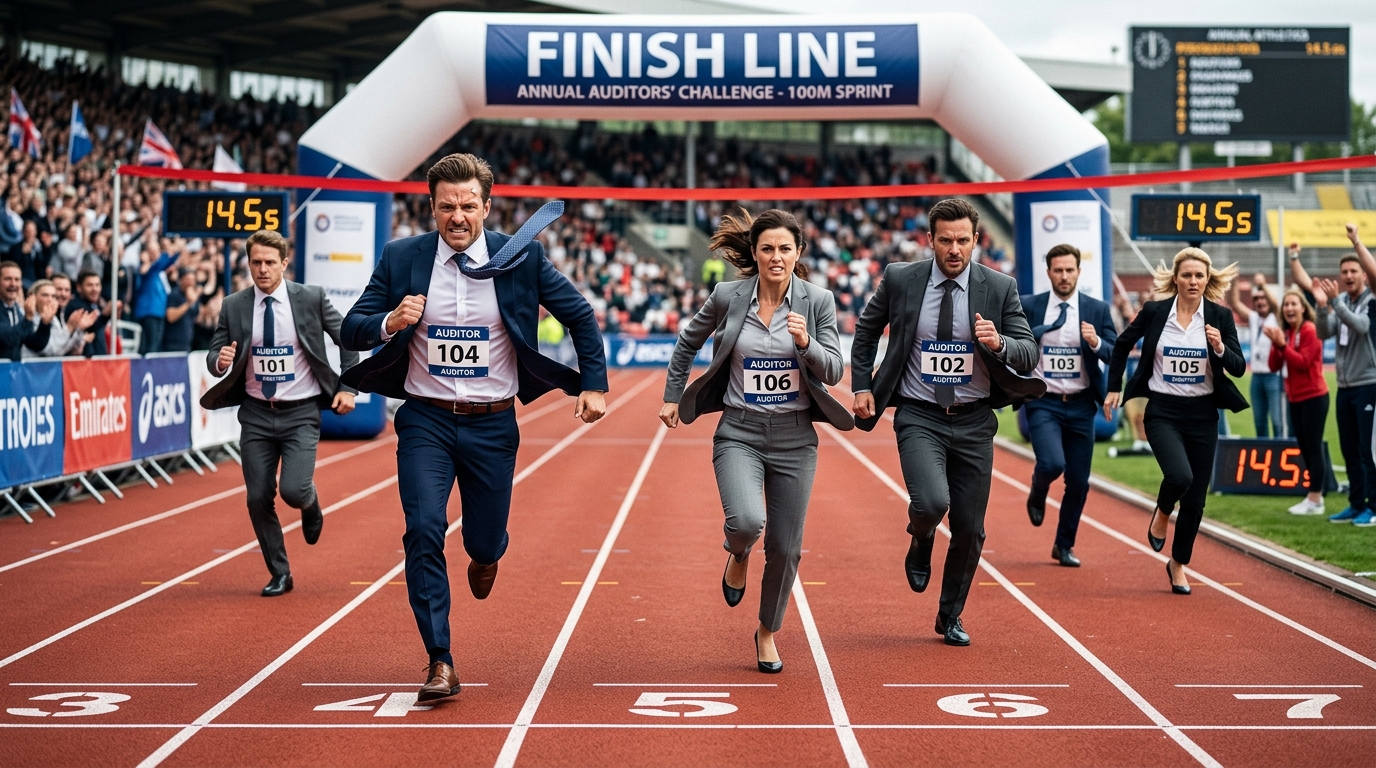 Auditors in suits sprinting towards the finish line on a track during a 100m race, with cheering spectators in the background.