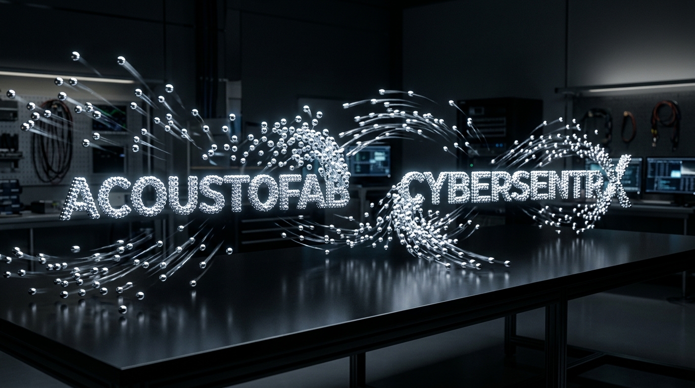 ball bearings moving to make the words acoustofab and cybersentrx