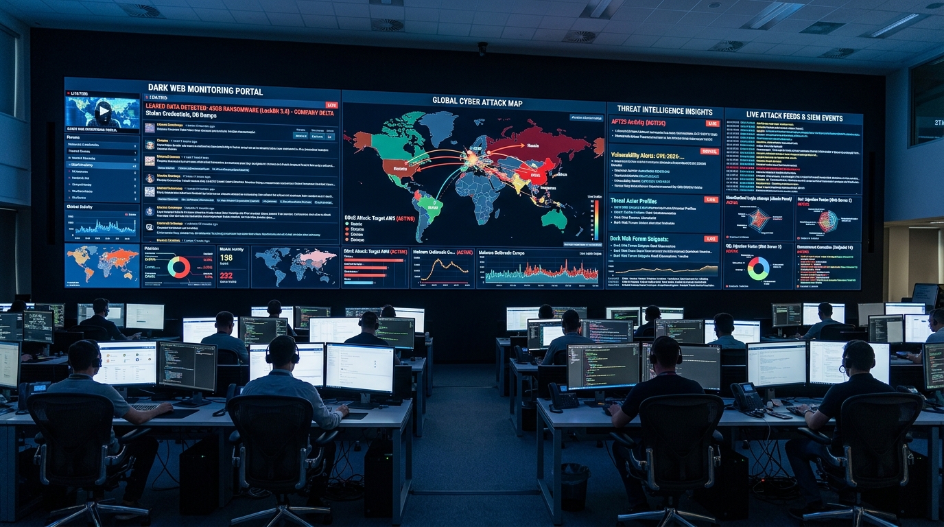 People work at computer stations facing a large screen displaying cybersecurity data and world maps in a control room setting.