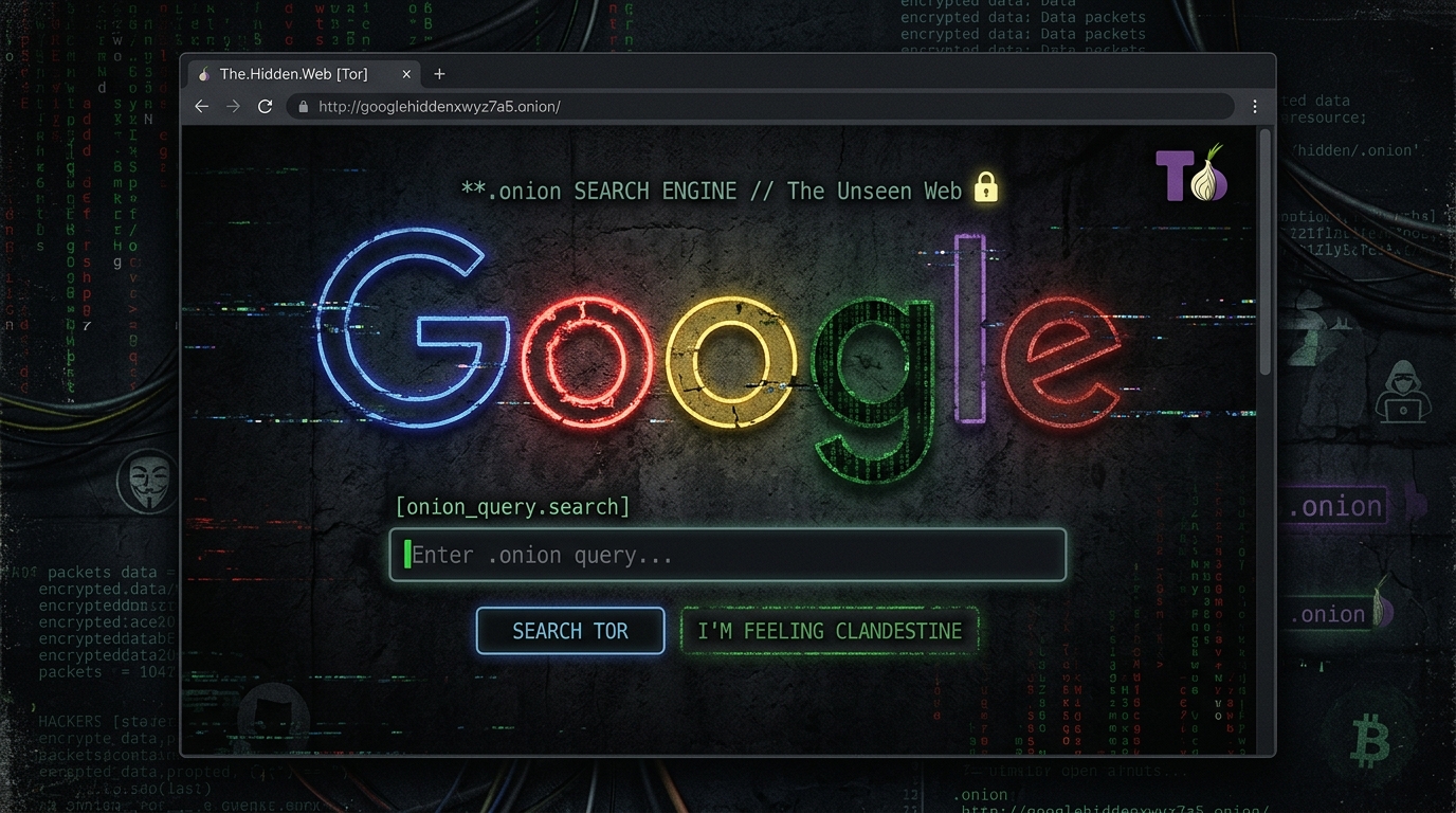 Dark-themed search engine interface styled like Google for ".onion" searches, labeled "The Unseen Web," with prompts for Tor-related queries.