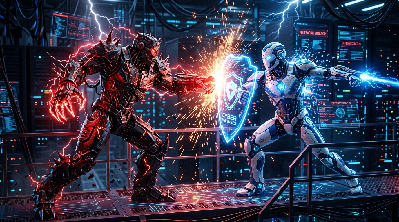 A futuristic battle scene between a red-armored robot and a blue-armored robot with a shield, set in a high-tech environment with sparks flying.