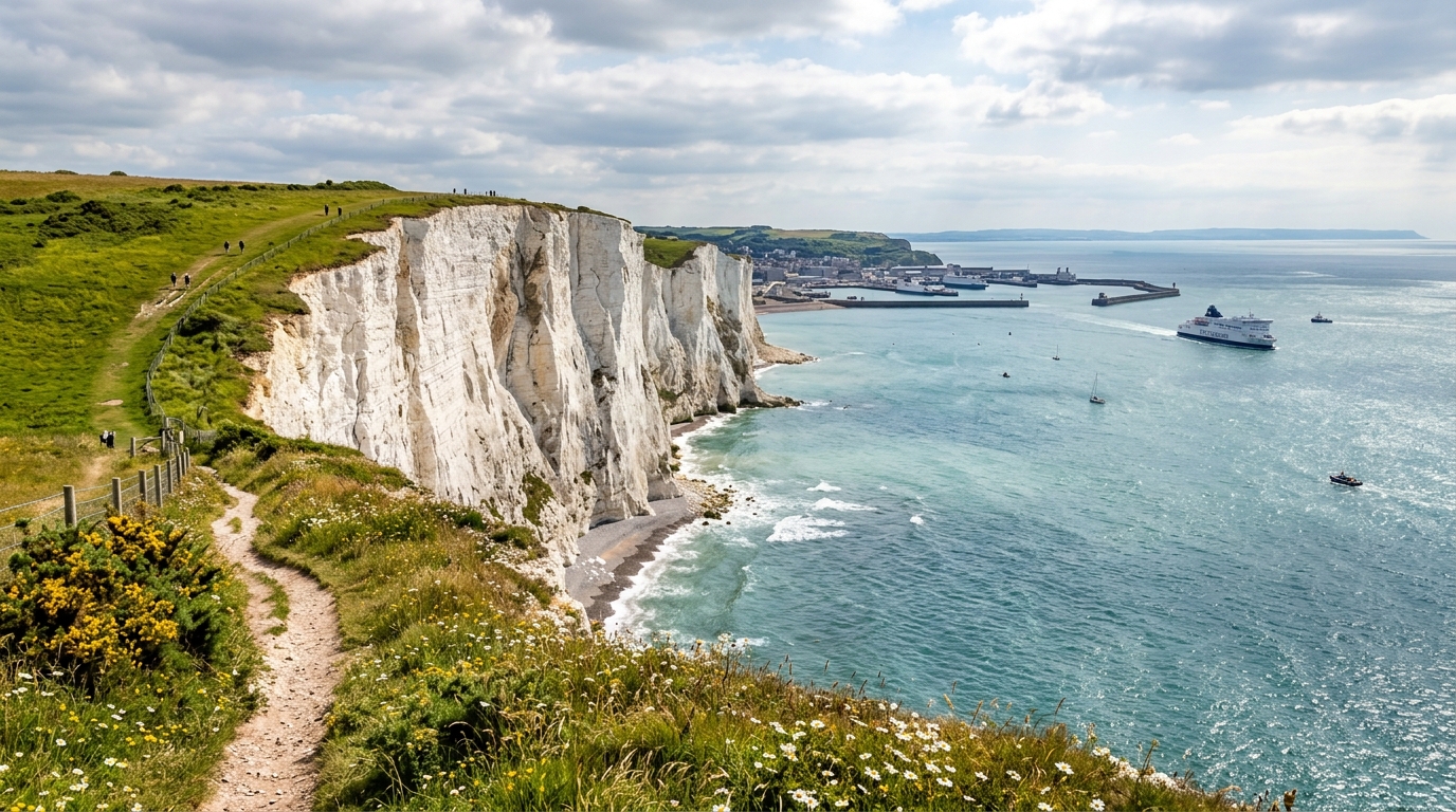 Coastal path along the White Cliffs of Dover, with green grass, wildflowers, and a view of the blue sea and docked ferry under a partly cloudy sky.
