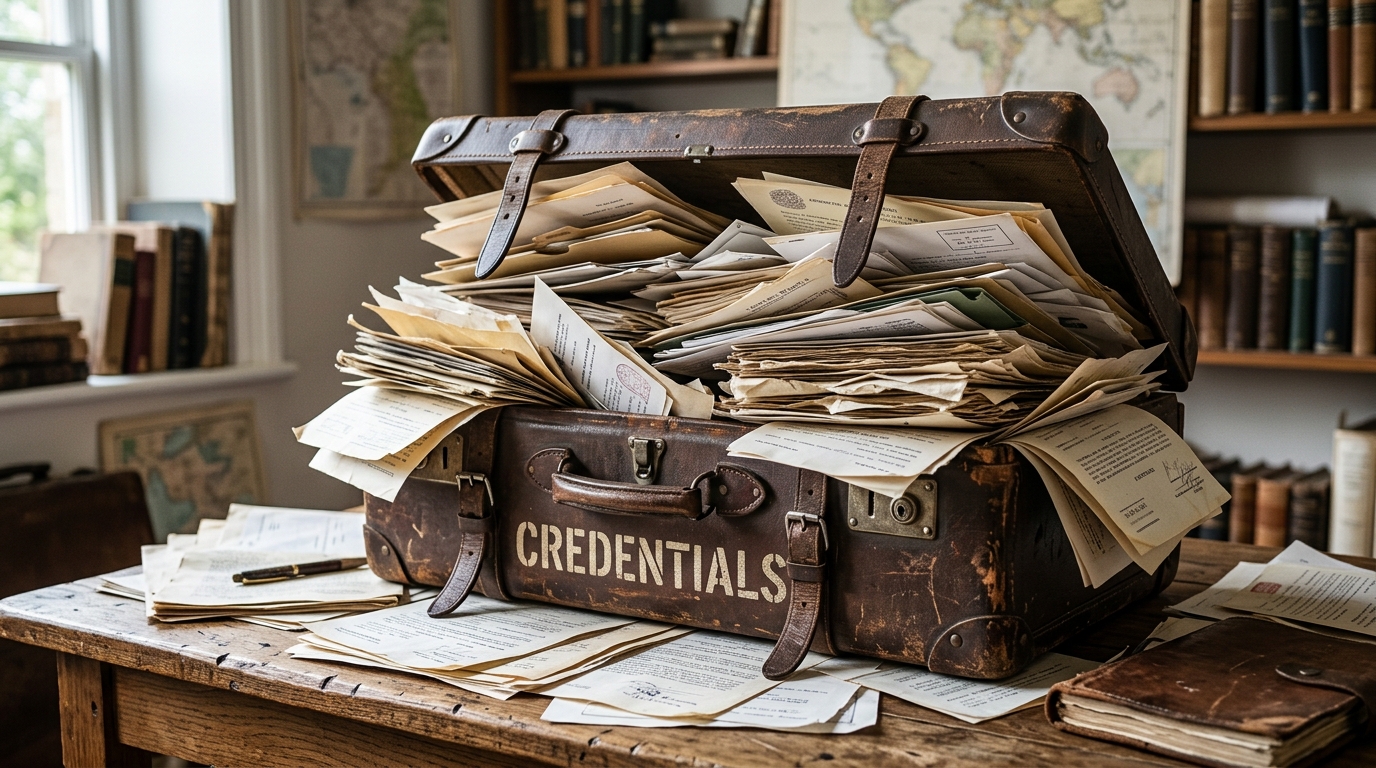 An overflowing suitcase labeled "Credentials" full of papers on a wooden table in a room with maps and bookshelves.