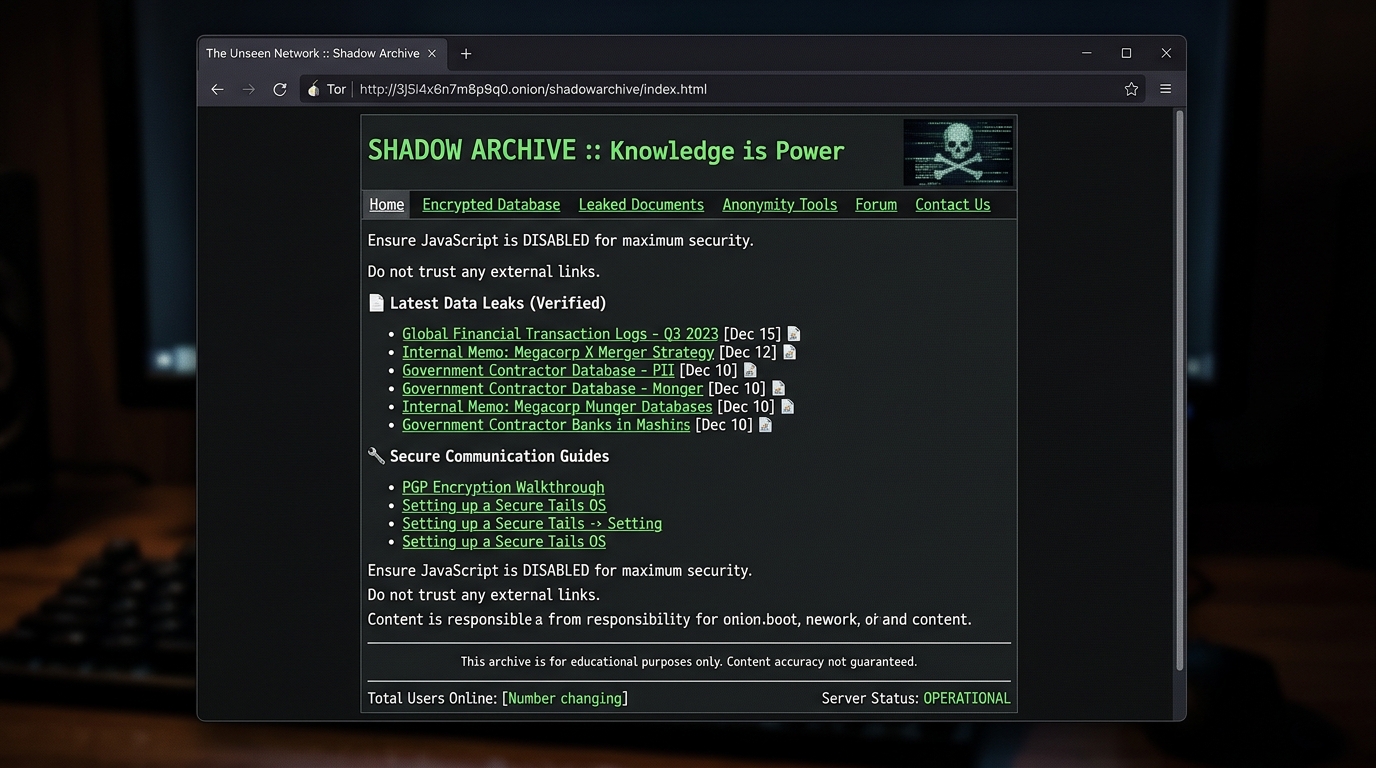 Computer screen showing a dark web page titled "SHADOW ARCHIVE :: Knowledge is Power," listing data leaks and secure communication guides.