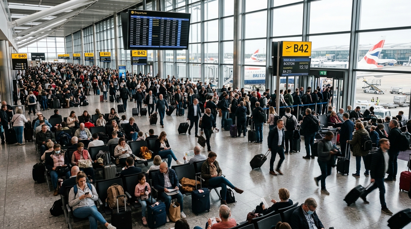 Busy airport terminal with passengers sitting and walking, and planes visible through large windows. Departure signs indicate gates and flight details.