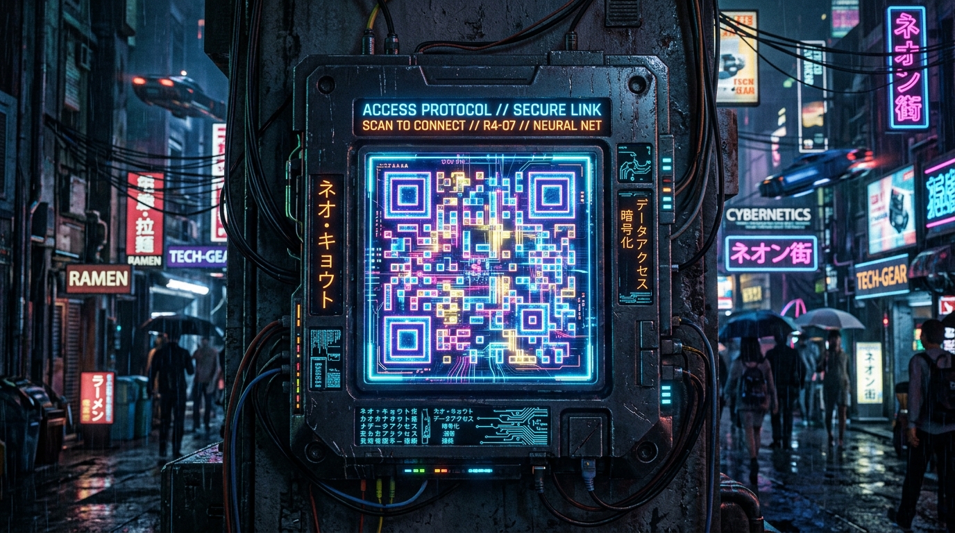 A neon-lit futuristic street with a digital QR code display at the center. People walk with umbrellas under vibrant signs and holographic ads.