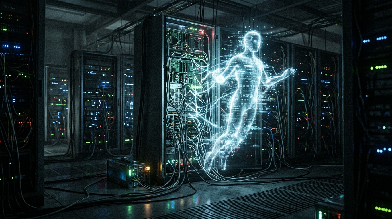 A glowing digital human figure hovers in a dimly lit server room filled with racks of cables and equipment, symbolizing artificial intelligence.
