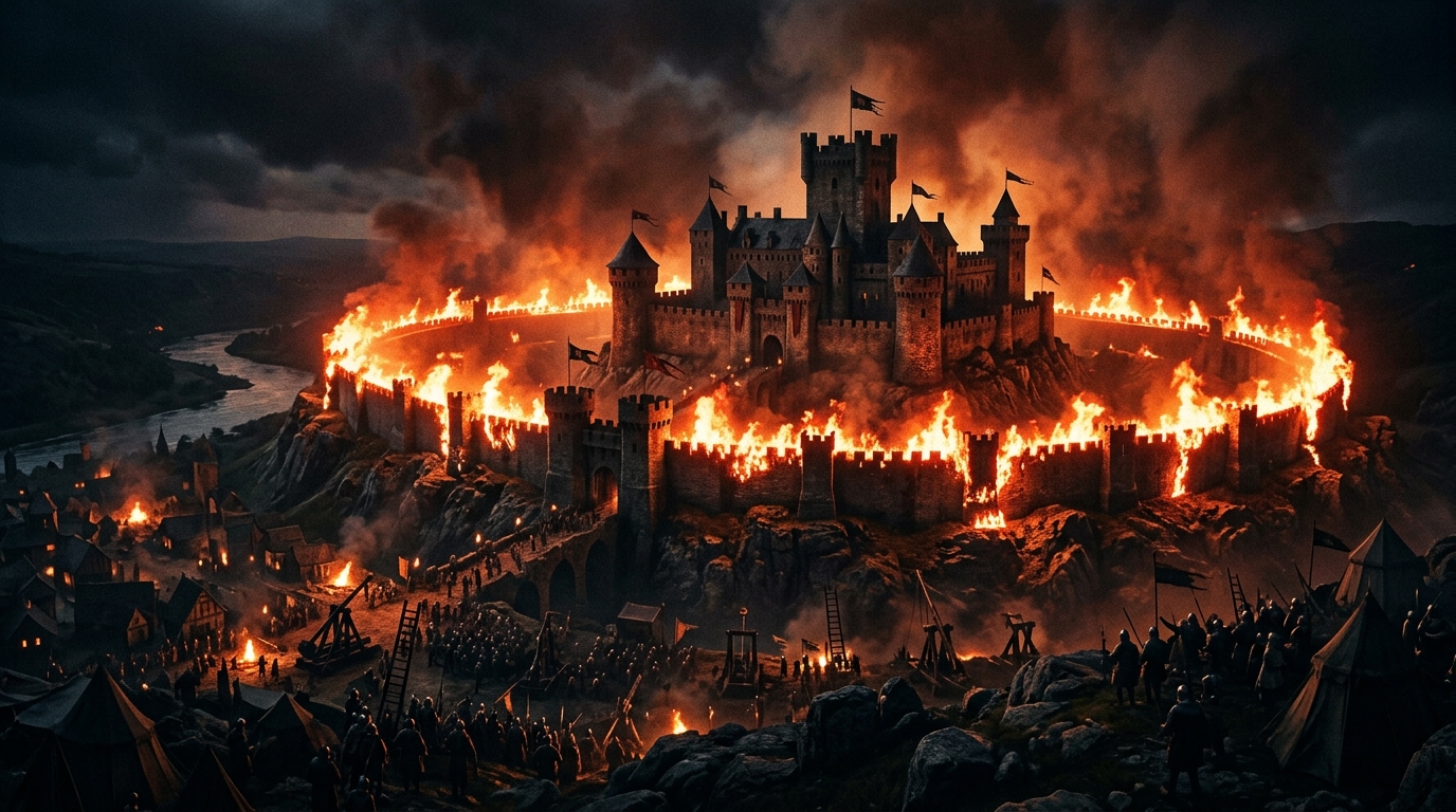 A medieval castle surrounded by flames at night, with burning walls and dark smoke rising under a cloudy sky. People and tents visible below.