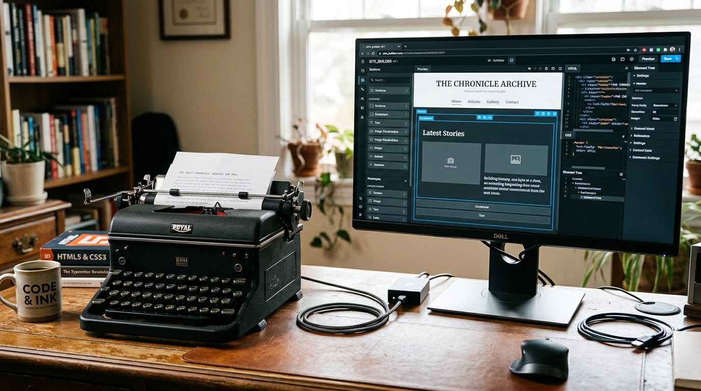 A desk with a typewriter, computer displaying a webpage, books, and a mug, surrounded by plants and bookshelves.