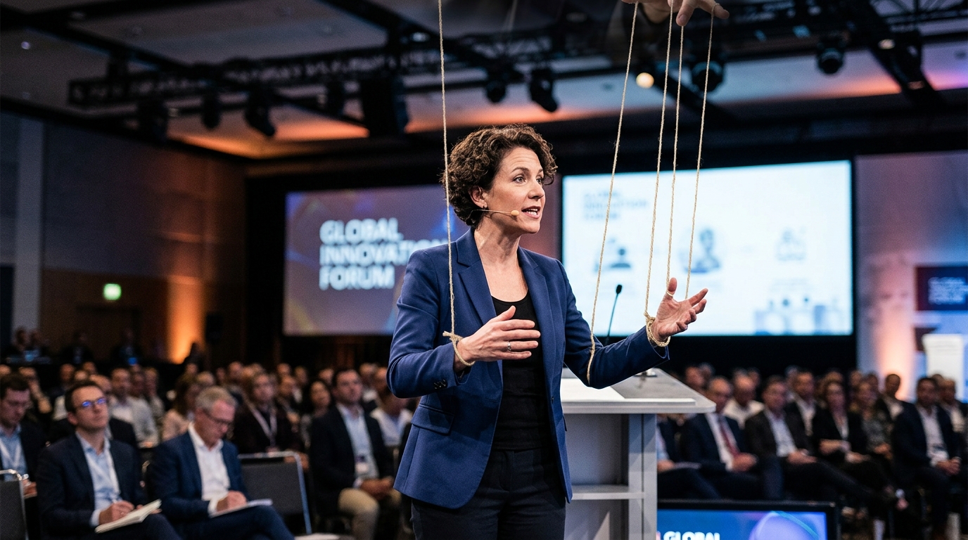 Senior woman speaking at a conference with strings controlling her arms