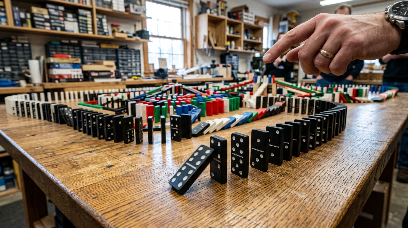 Hand toppling a line of dominos on a wooden table, surrounded by various colorful domino patterns in a workshop setting.