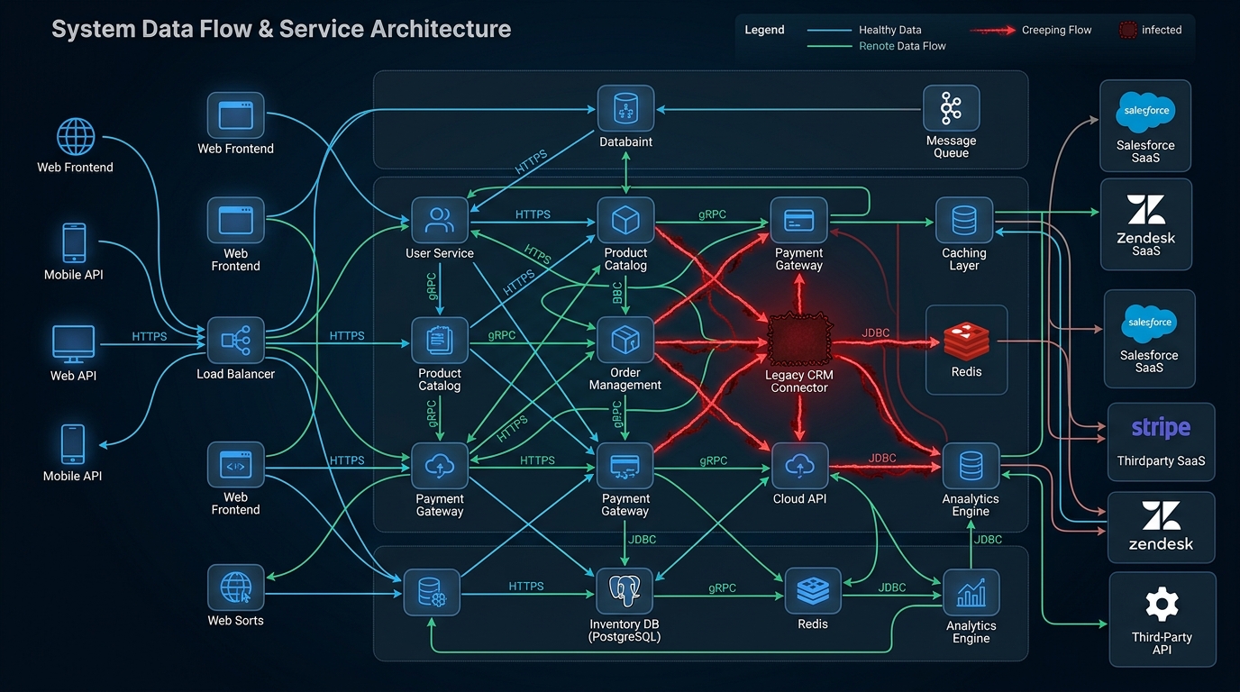 Technical architecture diagram with infected application