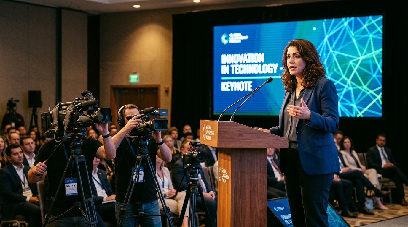 Woman speaking at a podium during a technology innovation conference, surrounded by cameras and an audience. Presentation screen in background.