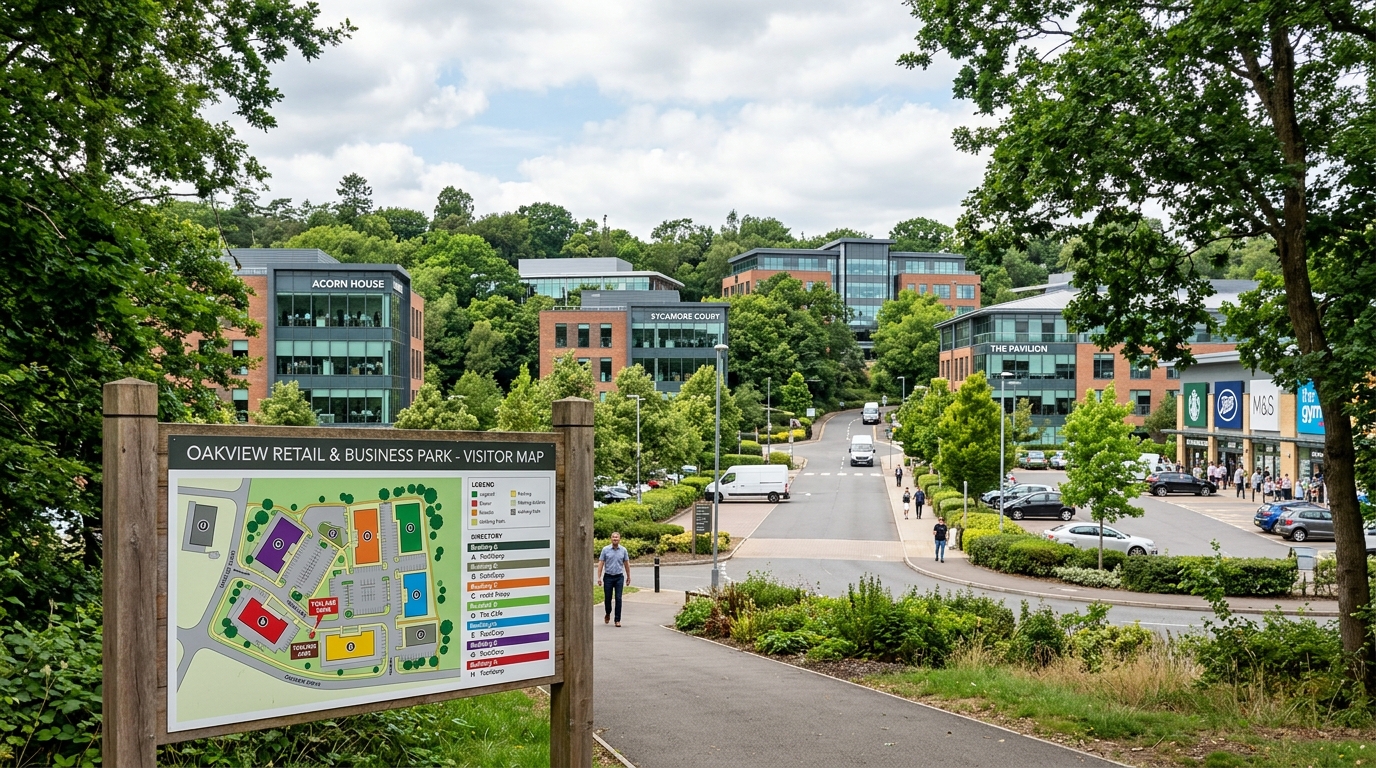 Pathway leading to Oakview Retail & Business Park with office buildings, trees, parked cars, and a colorful visitor map in the foreground.