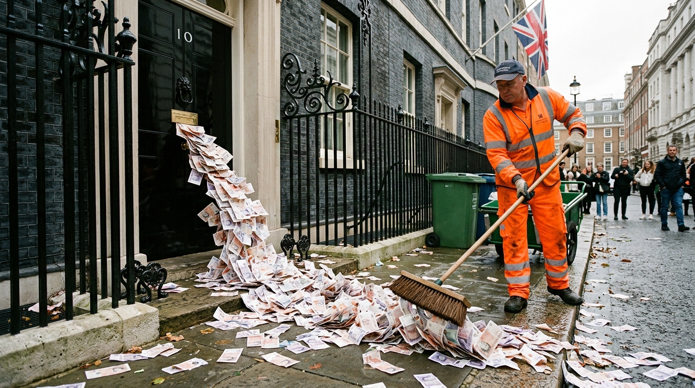 Road sweeper sweeping up cash